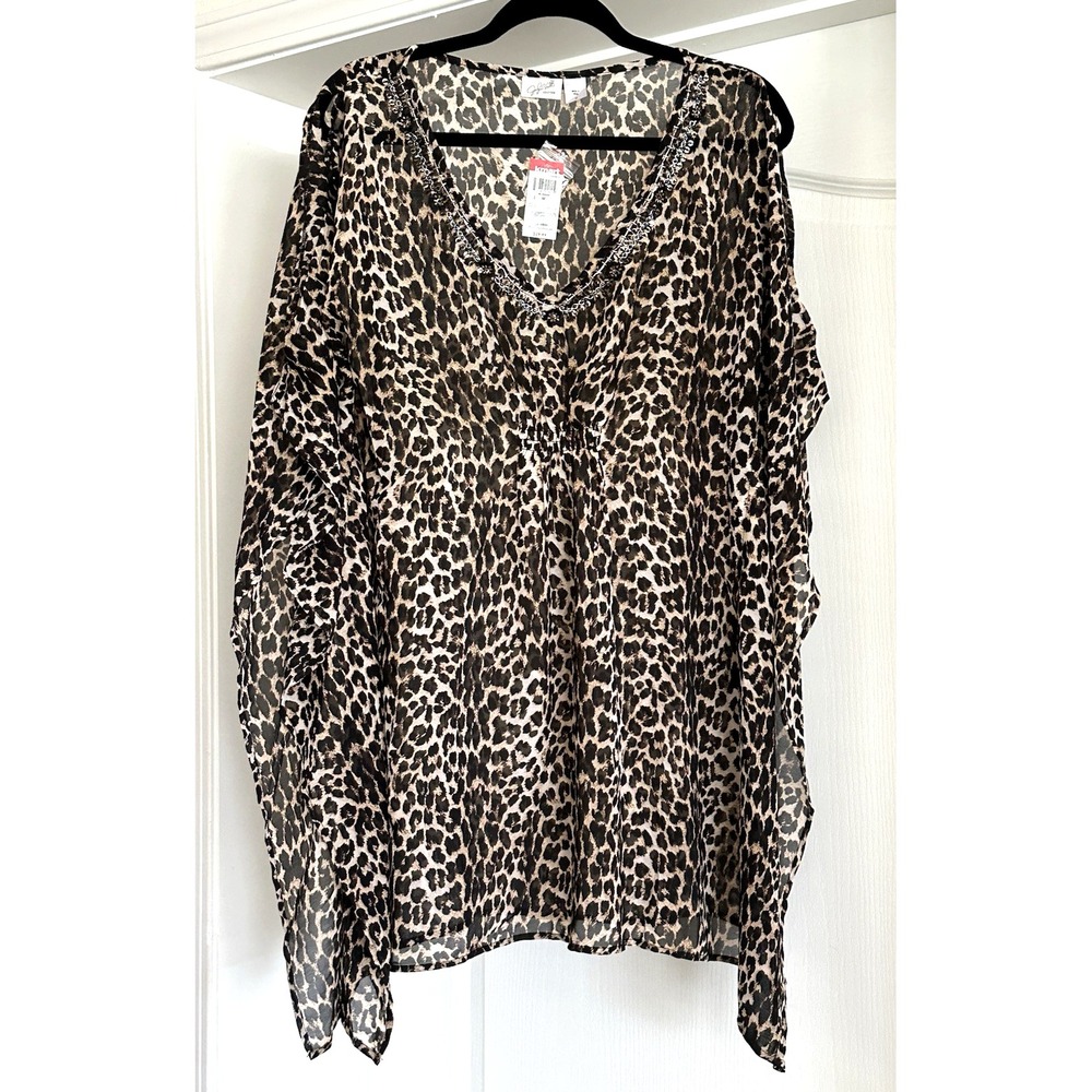Jaclyn Smith Size Medium Women's Swim Coverup Leopard Print Sheer Beaded